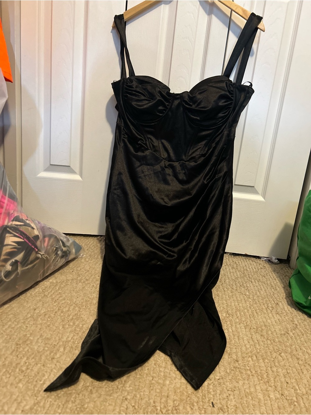 Lovely Day Black Satin Midi Dress with Sweetheart Bust